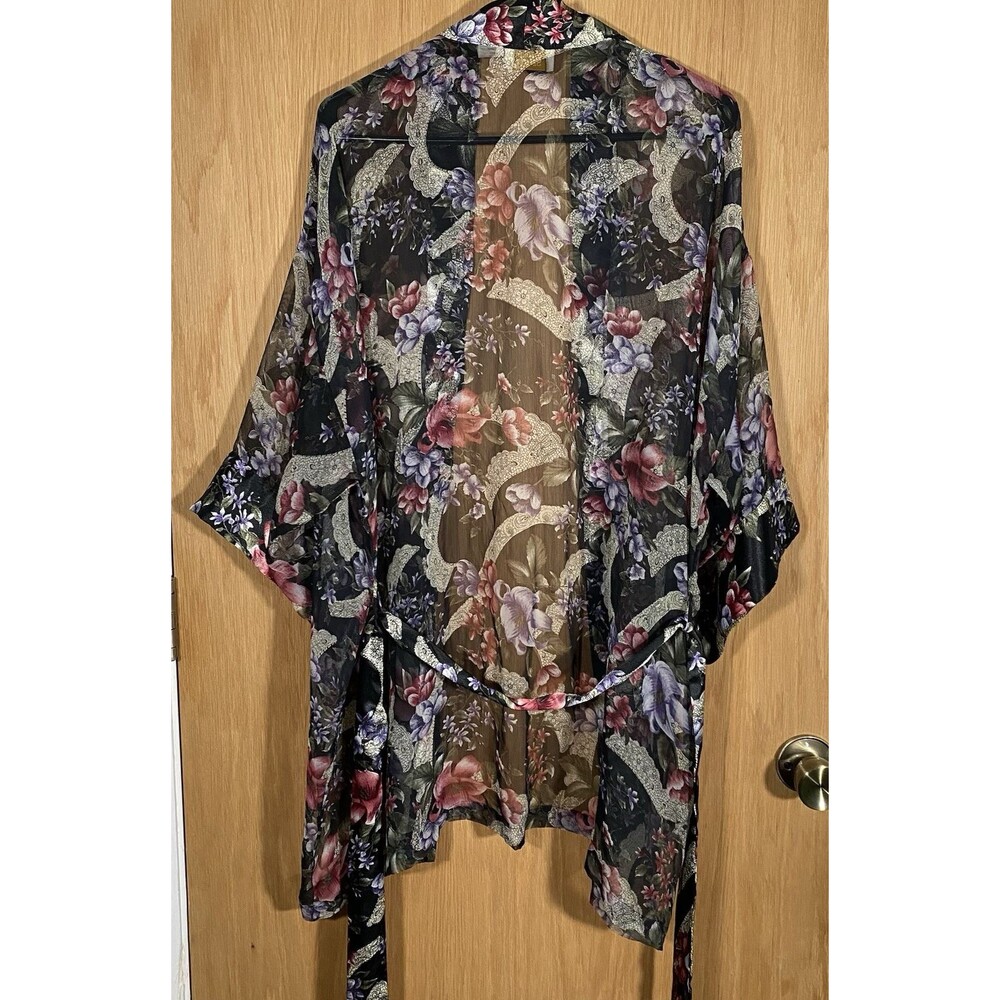 Vtg Victorias Secret Gold Label Robe Women's OS Floral Satin Belted Kimono Sheer